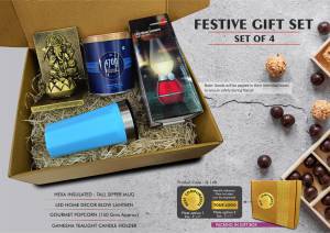 Festive Gift Set of 4: Gourmet Caramel Popcorn, Hexa Insulated Mug, Blow LED Lamp & Ganesha Tealight holder | Metal Plate included - Image 2