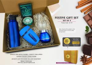 Festive Gift Set of 4: SS Sipper bottle, Premium Glass Mug, Blow LED Lamp & Ganesha Tealight holder | Metal Plate included - Image 2