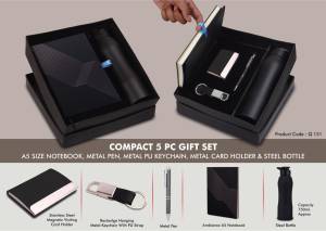 Compact 5 Pc Black Gift Set: A5 Size Notebook, Metal Pen, Metal Pu Keychain, Metal Card Holder & Straight Steel Bottle - Image 2