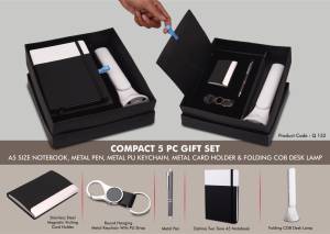 Compact 5 Pc Gift Set: A5 Size Notebook, Metal Pen, Metal Pu Keychain, Metal Card Holder & Folding COB Desk Lamp - Image 2