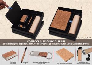 Compact 5 Pc Cork Gift Set: Cork Notebook, Cork Pen, Metal Cork Keychain, Cork Card Holder & Insulated Steel Bottle - Image 2