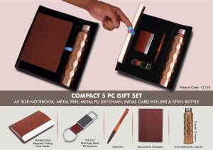 Compact 5 Pc Tan Gift Set: A5 Size Notebook, Metal Pen, Metal Pu Keychain, Metal Card Holder & Prism Steel Bottle - Image 2