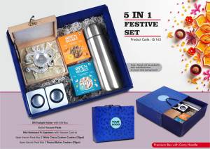 Festive Set of 5: OM Metal Tealight holder, Mini PC Speaker, Bullet Vacuum Flask, 2 Choco Cashew Cookies, 2 Peanut Butter Cookies - Image 2