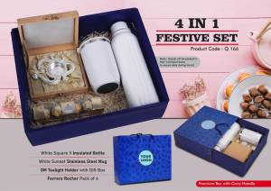 Festive Set of 4: Square Insulated Bottle, Premium SS Mug, OM Metal Tealight holder, Ferrero Rocher Pack of 4 - Image 2