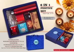 Festive Set of 6: SS Bottle 1L, Decorative LED Lamp, SS Coffee Mug, 2 Choco Cashew Cookies, LED Light Diya Set of 6, Sugarfree Choco Chip Oat Cookies - Image 2