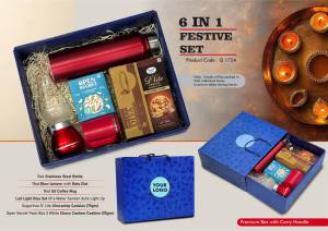Festive Set of 6: SS Bottle 1L, Decorative LED Blow Lamp, SS Coffee Mug, 2 Choco Cashew Cookies, LED Light Diya Set of 6, Sugarfree Choco Chip Oat Cookies - Image 2