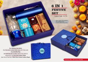 Festive Set of 6: SS Blue Bottle 1L, Decorative LED Lamp, SS Coffee Mug, 2 Choco Cashew Cookies, LED Light Diya Set of 6, Sugarfree Choco Chip Oat Cookies - Image 2