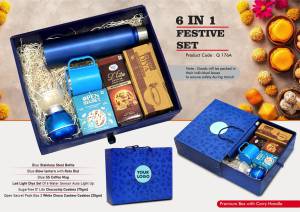 Festive Set of 6: SS Blue A Bottle 1L, Decorative LED Blow Lamp, SS Coffee Mug, 2 Choco Cashew Cookies, LED Light Diya Set of 6, Sugarfree Choco Chip Oat Cookies - Image 2