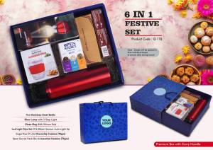 Festive Set of 6: Glass Mug with Silicon Sleeve, Decorative LED Blow Lamp, SS Bottle 1L, LED Light Diya Set of 6, Sugarfree Choco Chip Oat Cookies, Assorted Cookies Pack - Image 2