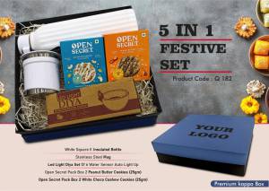 Festive Set of 5: Square Insulated Bottle, SS Mug with Handle, LED Light Diya Set of 6, 2 Choco Cashew Cookies, 2 Peanut Butter Cookies - Image 2