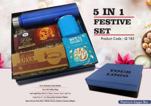 Festive Set of 5: SS Bottle 1L, SS Coffee Mug, LED Light Diya Set of 6, Sugarfree Choco Chip Oat Cookies, 2 Choco Cashew Cookies - Image 2