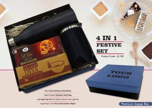 Festive Set of 4: Cola SS Bottle 1L, Premium SS Mug, LED Light Diya Set of 6, Sugarfree Choco Chip Oat Cookies - Image 2