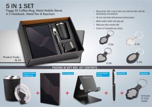 5 in 1 set: Foggy SS coffee mug, Metal pen, Metal mobile stand, A5 notebook and Keychain - Image 2