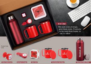 6 in 1 set: Steel Water bottle (750ml), Silicon mobile stand, Glowing Car charger, Glow Clock, Two Stainless steel mugs - Image 2