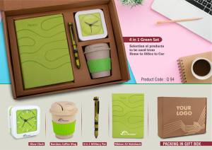 4 in 1 Green set: Bamboo coffee mug, 6 in 1 military pen, Glow Clock and A5 PU notebook in Kraft Gift Box - Image 2