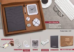 6 in 1 Gray set: Mobile Finger ring, All in 1 Cable with Keychain, Fast Dual USB Car charger, Jack stylus with phone stand, Glow Clock and A5 PU notebook in Kraft Gift Box - Image 2