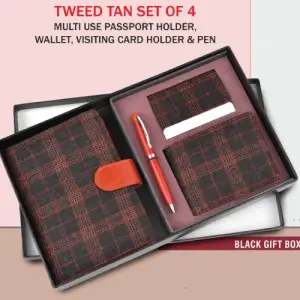 Tweed Tan Set of 4: Multi use Passport holder, Wallet, Card holder, Metal Pen